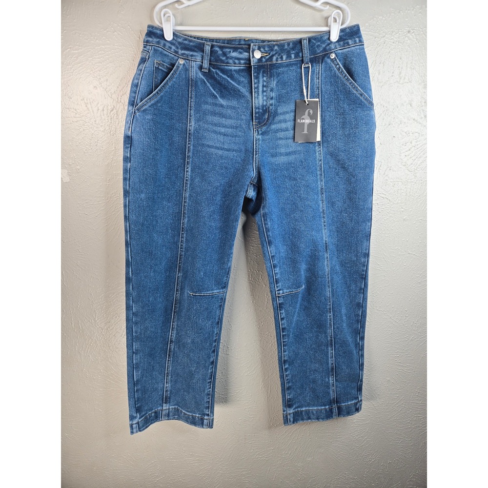 Flamingals Front Seam Barrel Leg Jeans Plus Size 3XL Blue Denim Stretch Cropped